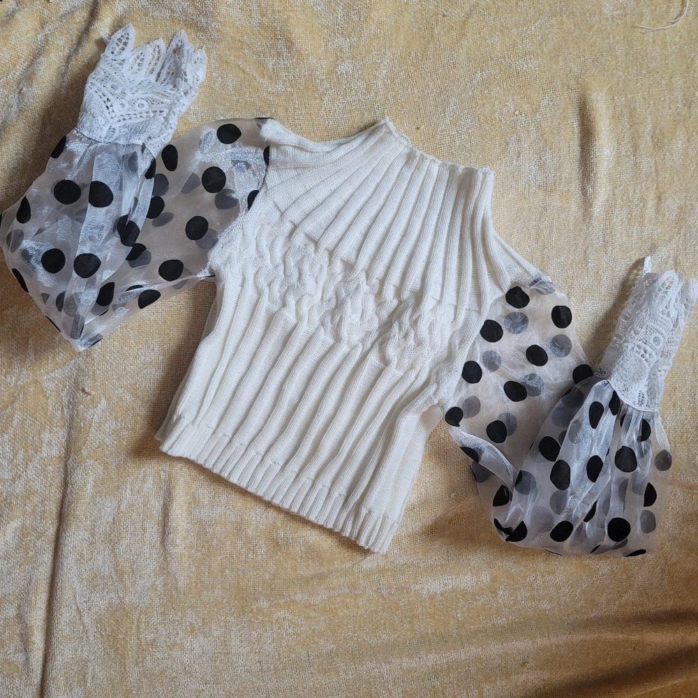 Polkadot Mesh Sleeve Knit Top